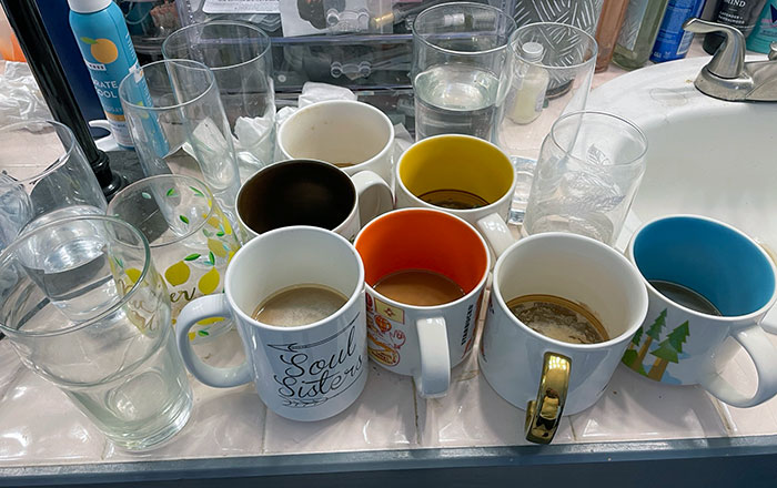 This Represents A Single Week Of Mugs And Glasses That My Wife Leaves In Our Bathroom. I Clean All Of These Every Week, And They Are Back The Next. Anyone Else Feel My Pain?