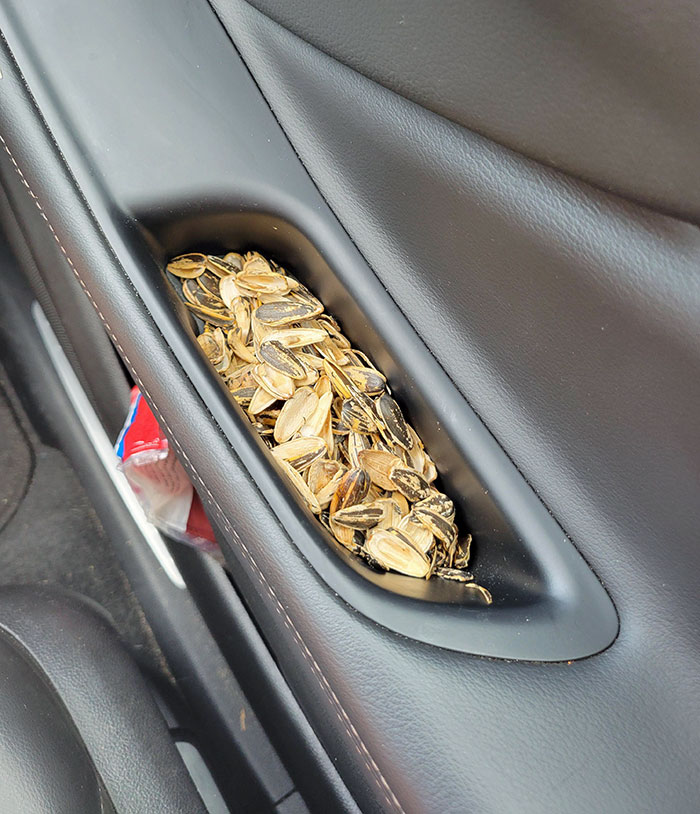 Mi esposa deja ahí las cáscaras de las pipas cuando vamos en el coche