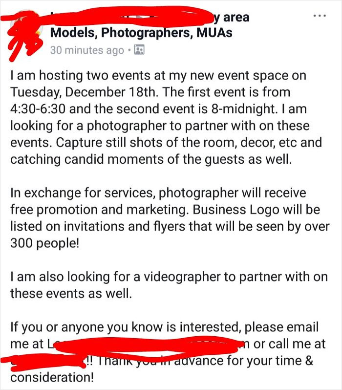 Wants To Hire A Photographer For 8 Hours. No Pay, But Will Put Your Name On The Flyer! (Yeah, No Thanks)