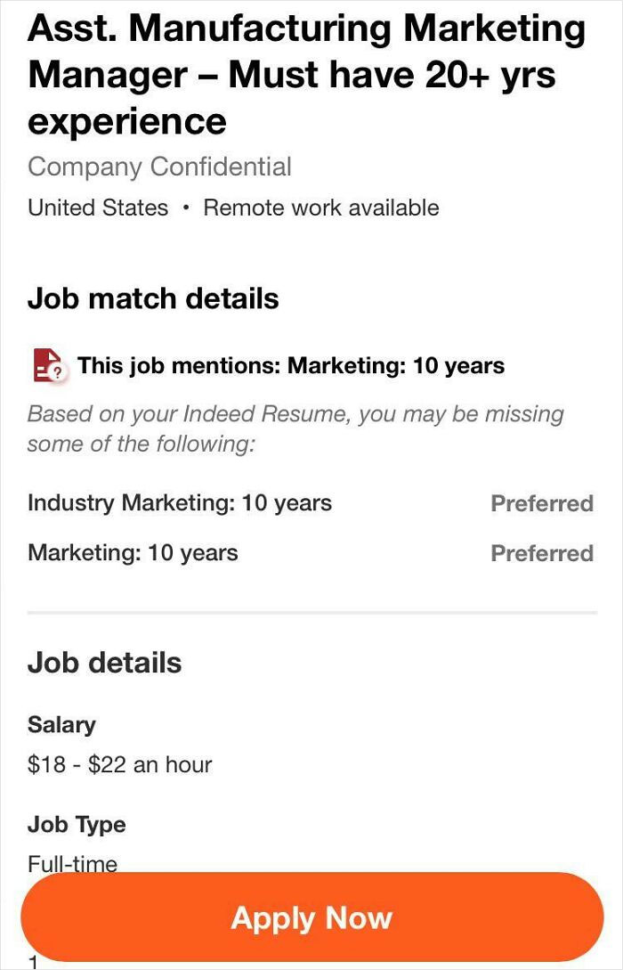 Company Requires "20+ Yrs Experience" To Hire You For $18-$22 An Hour