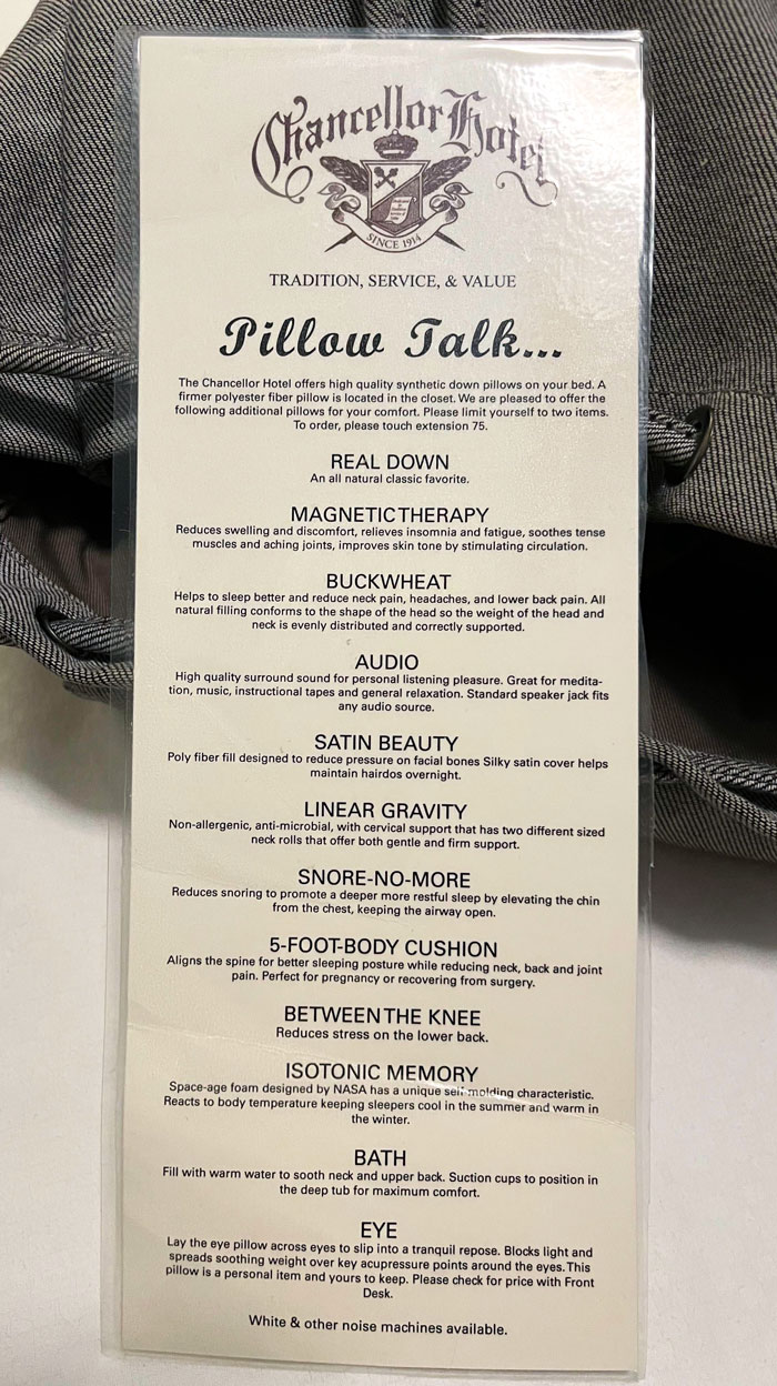 There Is A Ridiculous "Pillow Menu" At The 110-Year-Old Hotel We Are Staying At
