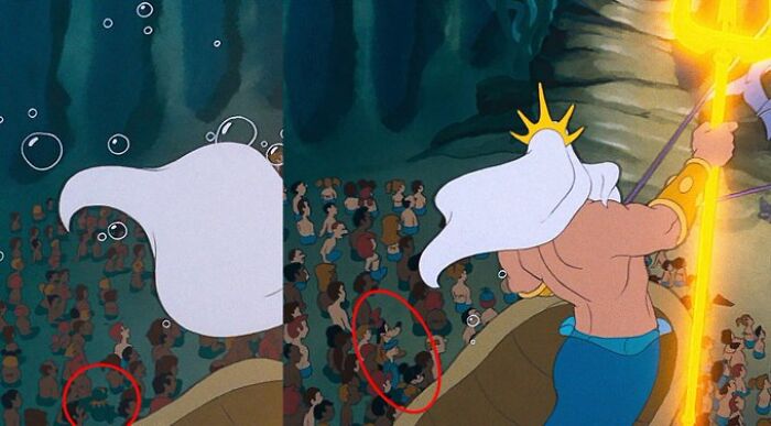 In 'The Little Mermaid' (1989) When King Triton Is Introduced, You Can See Mickey, Donald, Goofy And Kermit The Frog In The Crowd, Underwater