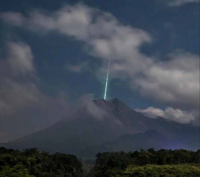 A Meteor Falling Into The Most Active Volcano In Indonesia, Mount Merapi
