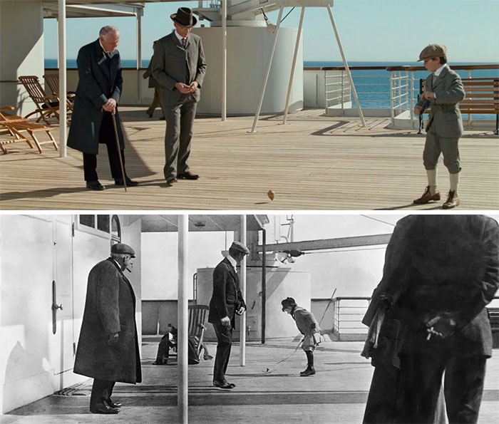 In Titanic (1997) There Is A Scene Showing A Boy Playing With A Spinning Top On Deck. This Is Actually A Recreation Of A Real Photo Taken Onboard The Ship On April 11th, 1912 By Francis Browne. It Shows 1st Class Passenger Frederic Spedden And His 6 Year Old Son Douglas. Both Survived The Sinking