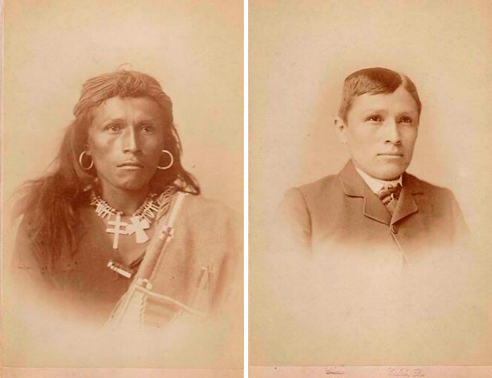El joven navajo Tom Torlino al entrar en la escuela industrial en 1882, y 3 años después