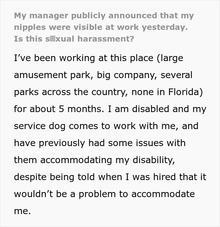 Woman Feels She Is Being Targeted At Work For Being Disabled When Manager Makes Fuss About Her Bra Woman Feels She Is Being Targeted At Work For Being Disabled When Manager Makes Fuss About Her Bra
