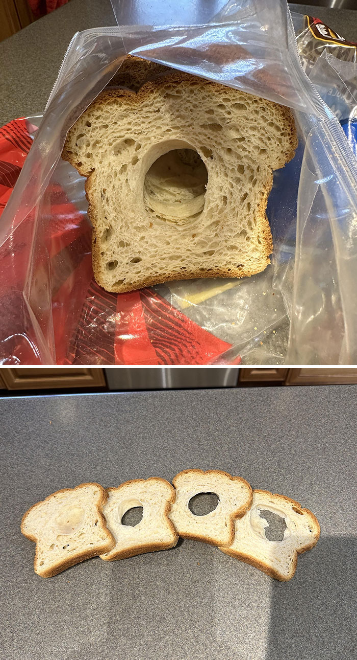The Giant Hole(S) In My Loaf Of Bread. We Pay $8 For This Specialty Allergy-Free Bread, And Half Of It Is Unusable For Sandwiches. I Had To Laugh