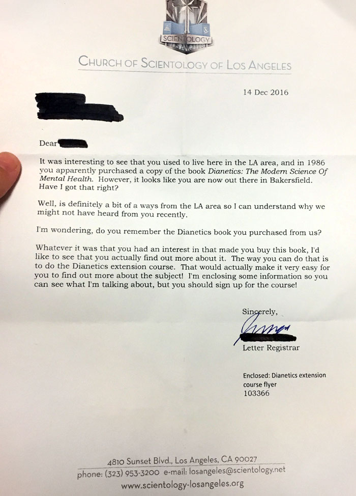 A Roommate Received A Letter From The Church Of Scientology Regarding A Book He Purchased From Them In 1986