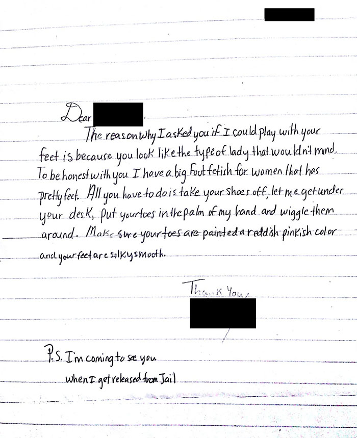 My Boss Received A Letter From An Inmate Today That Is Facing Charges For Aggravated Stalking