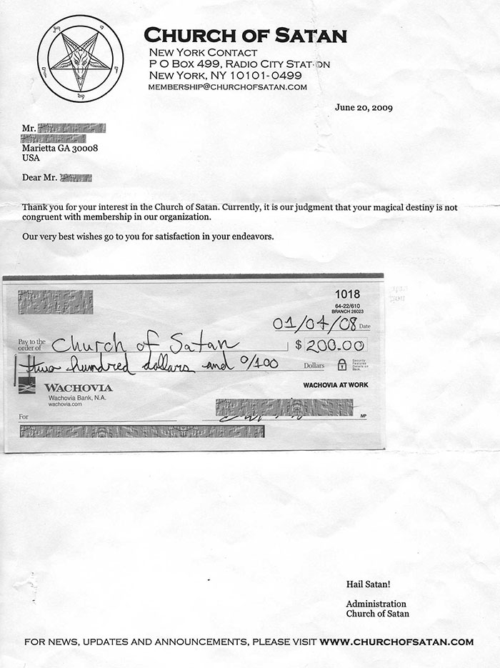 Rejection Letter And Returned Check From The Church Of Satan. A Friend Found This When His Roommate Moved Out