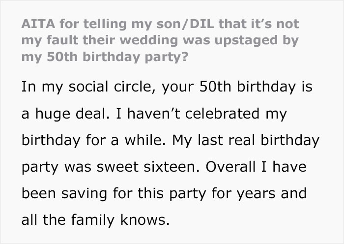Mom Warns Son Her Birthday Party Is Going To Upstage His Wedding But He Doesn't Care, Regrets It Mom Warns Son Her Birthday Party Is Going To Upstage His Wedding But He Doesn't Care, Regrets It