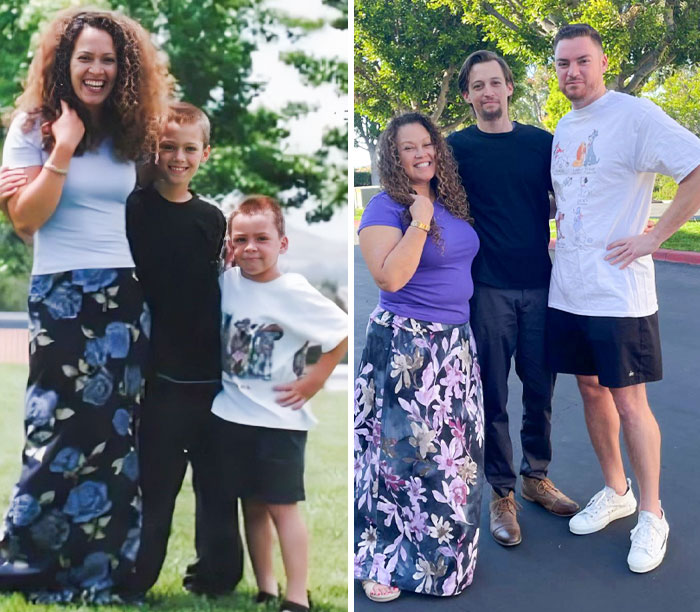 Recreating A Favorite Photo From When Both Sons Were Little. Mom Used To Be The Tallest. Now The Youngest Is The Tallest, Mom Is The Smallest, And The Oldest Is Still In The Middle