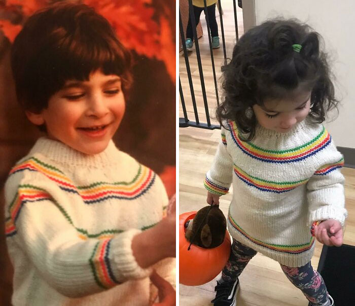 Here’s My Grandma’s Handmade Rainbow Sweater In Action 35 Years Apart (1984 vs. 2019)