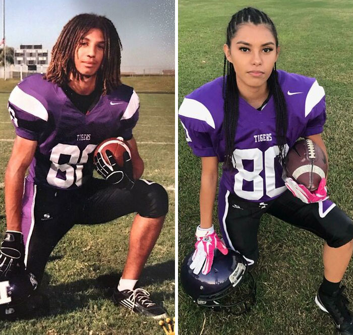 My Girlfriend Dressed Up As Me From An Old High School Football Photo And She Looks Infinitely Tougher Than I Did