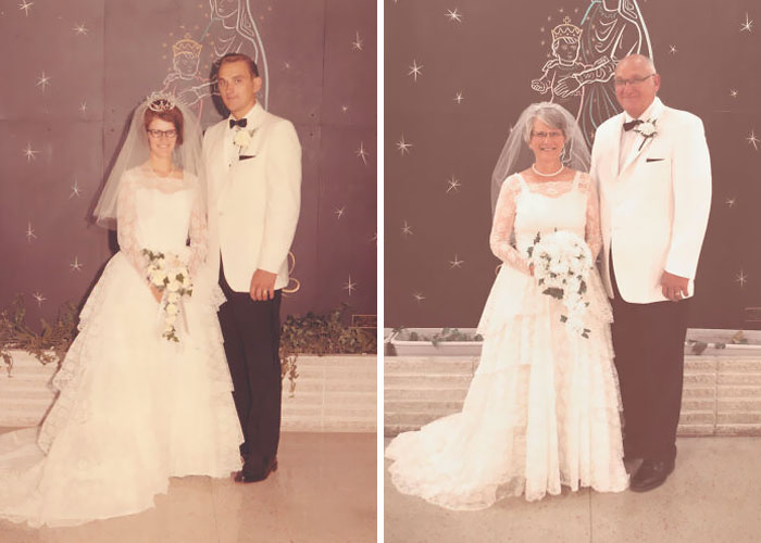 I Convinced My Parents To Recreate Their Wedding Photo 45 Years Later, Including The Same Dress. 1968 vs. 2013