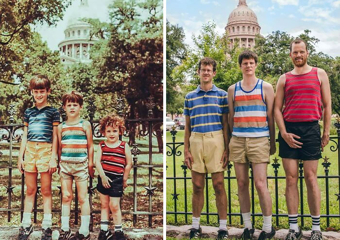 1984 And 2013 - 29 Years Later, My Brothers And I Recreated Our Family Vacation Photo At The Texas State Capitol