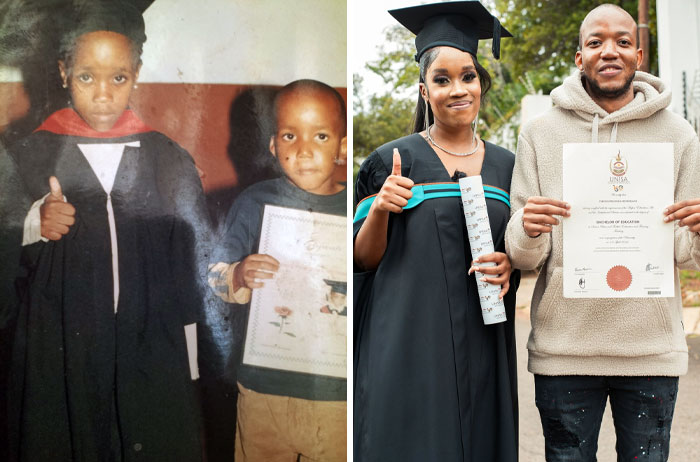My Cousin And I Recreated My Pre-School Graduation Picture On My Uni Graduation Day. November 2004 And April 2024