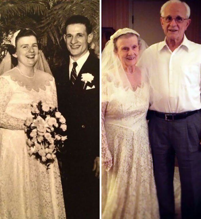 My Grandmother Wearing Her Original Wedding Dress On Her 60th Anniversary With My Grandfather. They Are A Proof Of True Love And Commitment