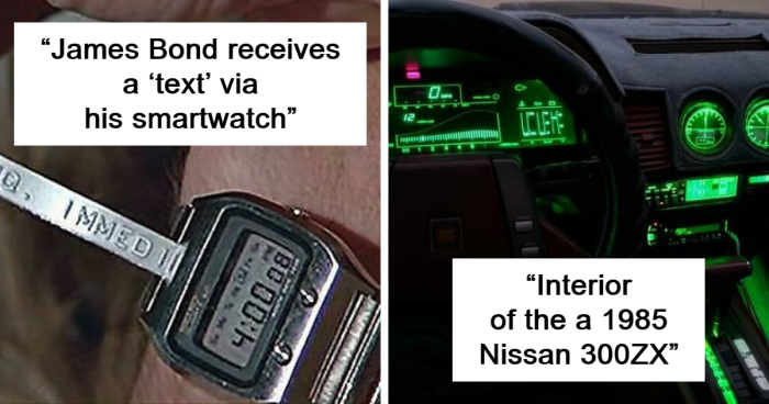 Retrofuturism view of an 80s digital watch and futuristic 1985 Nissan 300ZX car interior with green dashboard lights.
