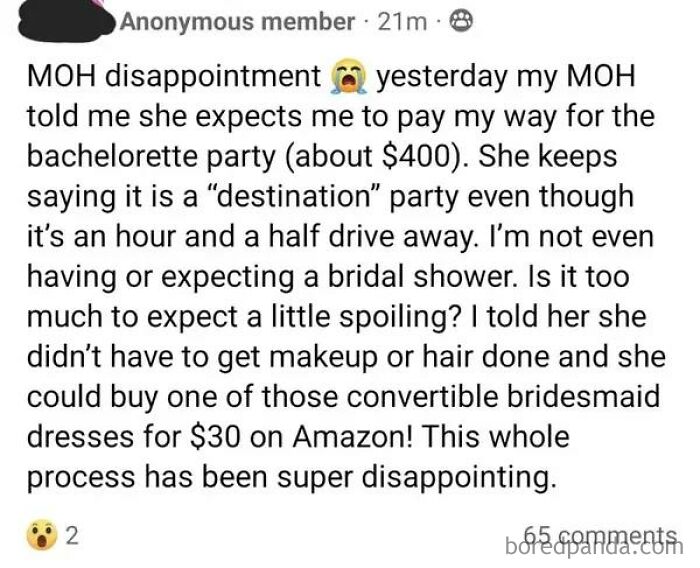 Entitled Bride Covers Nothing For Bridal Party, But Gets Upset When They Don't Cover Her Bachelorette Costs