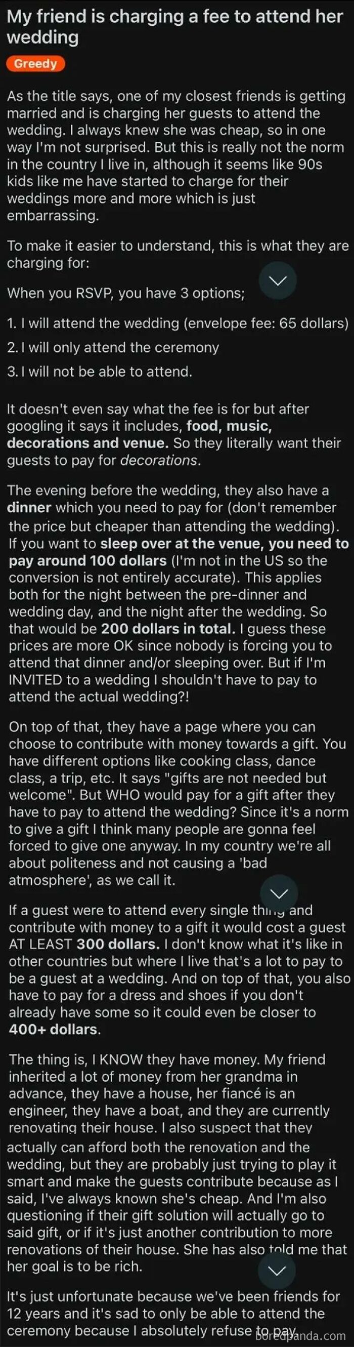 My Friend Is Charging A Fee To Attend Her Wedding