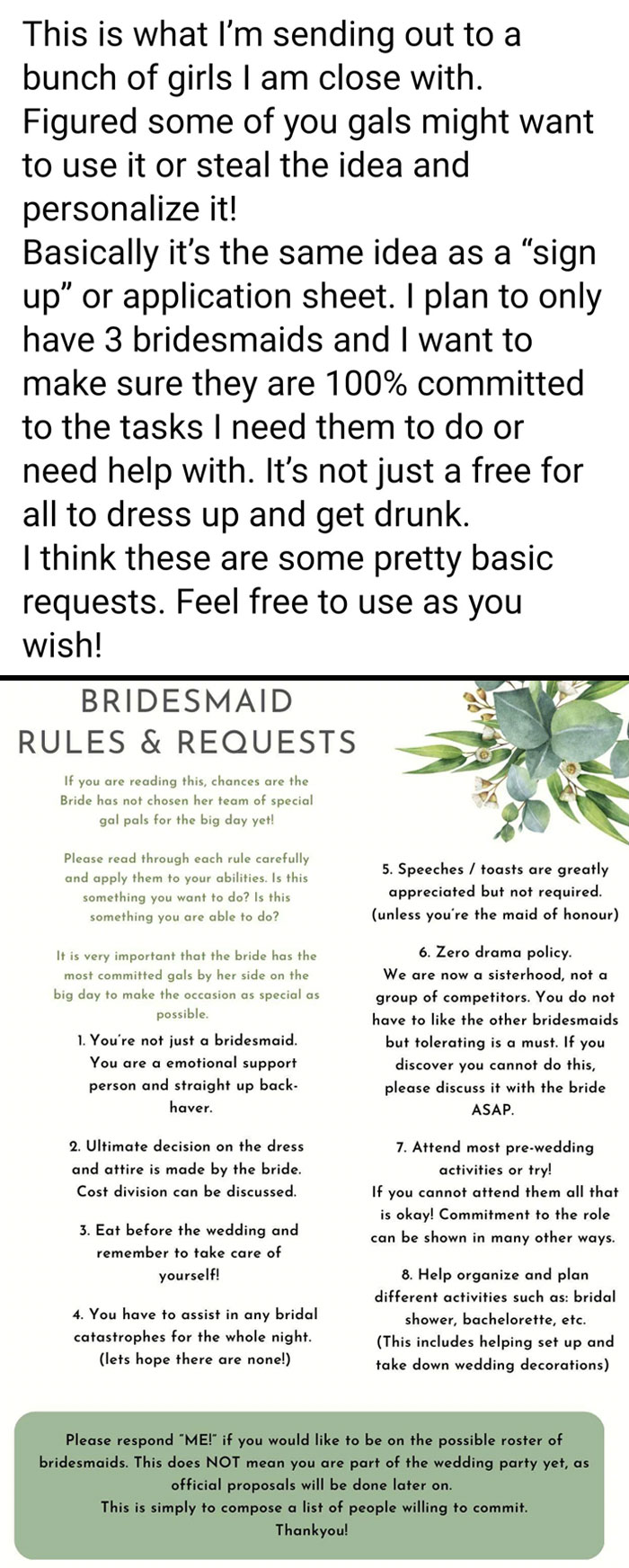 Bride Makes A List Of Rules For The Bridesmaids Who Have To "Apply" For The Role