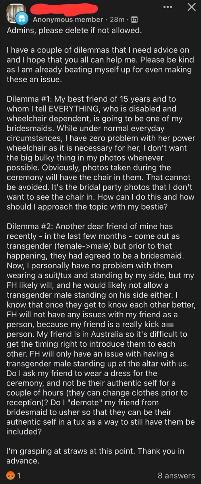 Bride Doesn't Know What To Do With A Handicapped And Transgendered Wedding Party