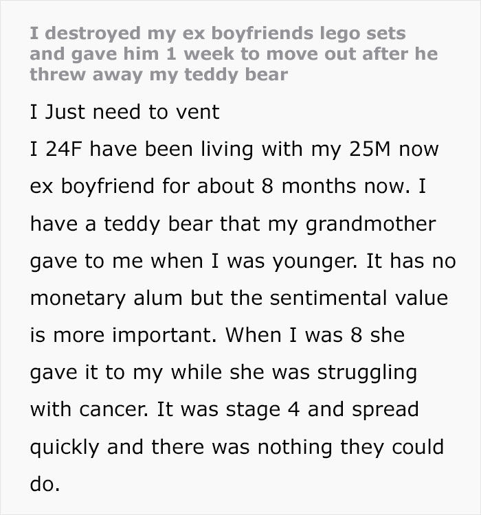 Guy Can’t Believe His GF Destroyed His LEGO Collection After He Threw Out Her Teddy Bear Guy Can’t Believe His GF Destroyed His LEGO Collection After He Threw Out Her Teddy Bear