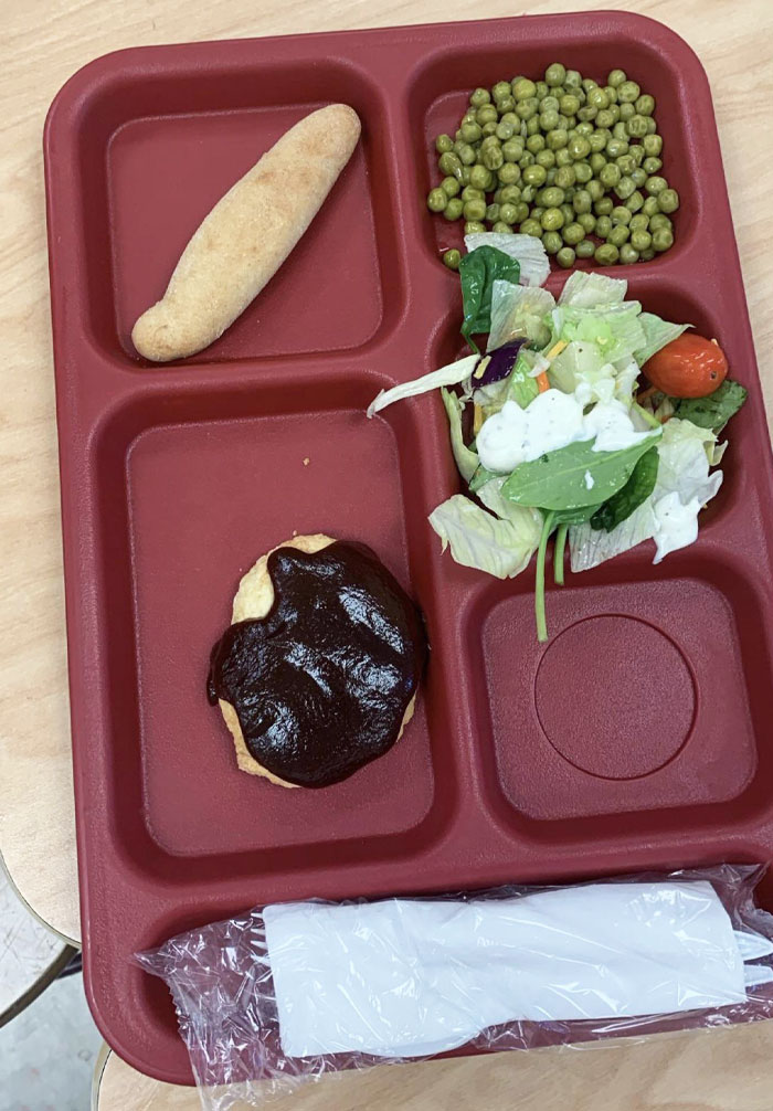 School Lunch In America. That Is BBQ Chicken, Not A Chocolate-Glazed Donut. This Cost $3-4