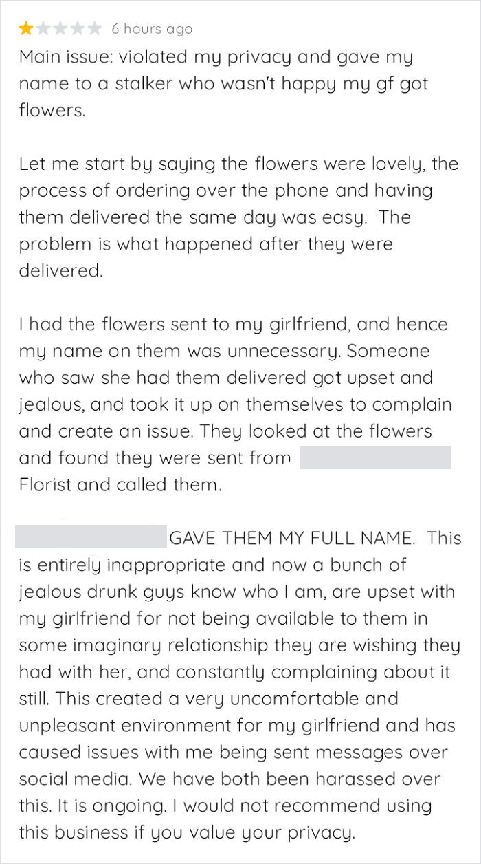 Sent Flowers To My GF, Stalker Gets Upset And Calls Florist Who Then Gave Them My Name