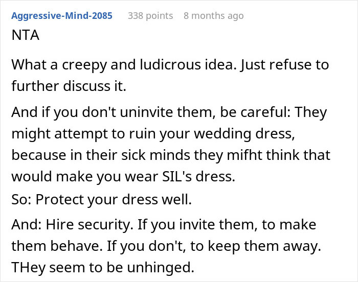 Bride Refuses To Wear BIL’s Wife’s Dress, Fears For Her Safety When He Becomes Unhinged