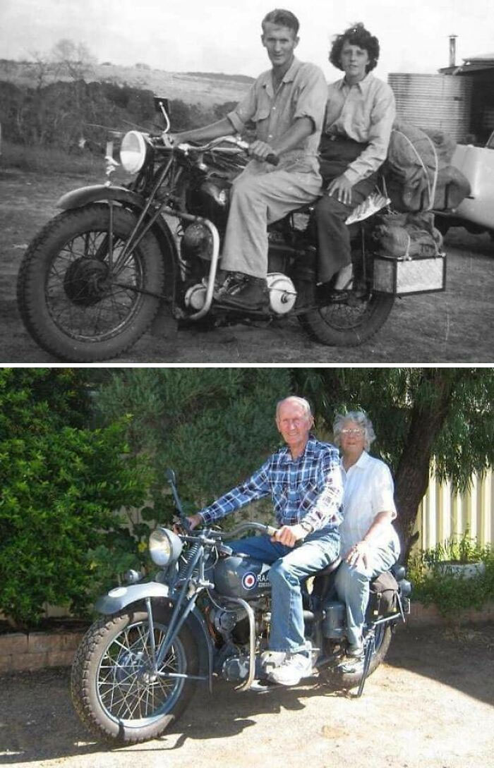 (Bsa Motorcycle) Same Couple On The Same Motorbike In 1955 And 2015