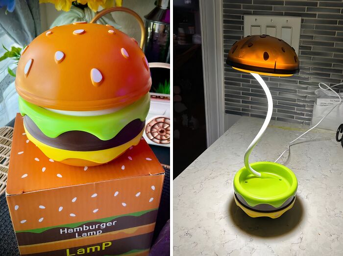  Rechargeable Hamburger Desk Lamp: Two All Beef Patties, Special Sauce, Lettuce, Cheese, Pickles, Onions And A Bulb On A Sesame Seed Bun.