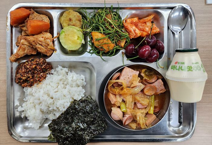 My Korean School Lunch Of Spicy Braised Chicken, Ham And Sausage Stew, And Various Side Dishes