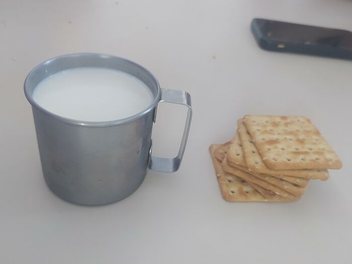 Brazilian School Lunch. It's Coconut Milk And Some Crackers. They Actually Give Us Real Food Some Lunch Days But When There're Not Enough Kitchen Workers They End Up Having To Cut Corners