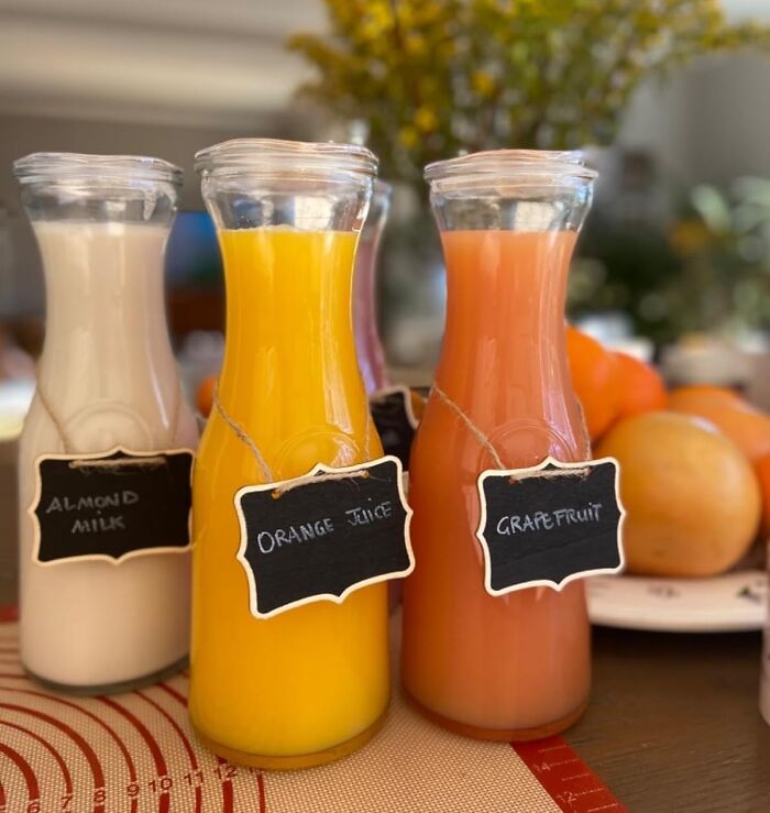Store Your Juice In A Glass Carafe With A Lid For That "High End Hotel Breakfast Buffet" Look