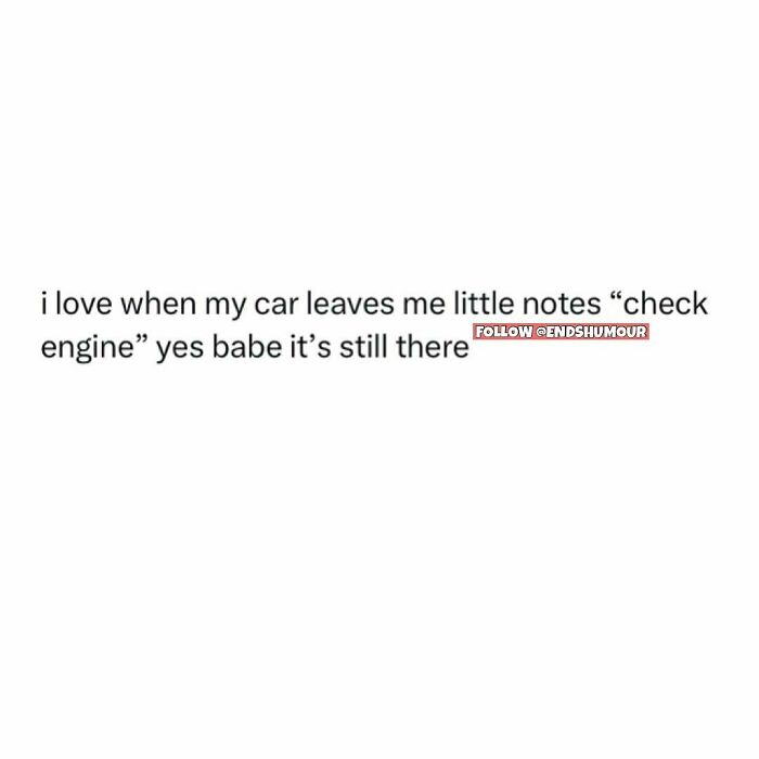 Text screenshot humor about adulting with a car's check engine light and relatable adulting struggles.