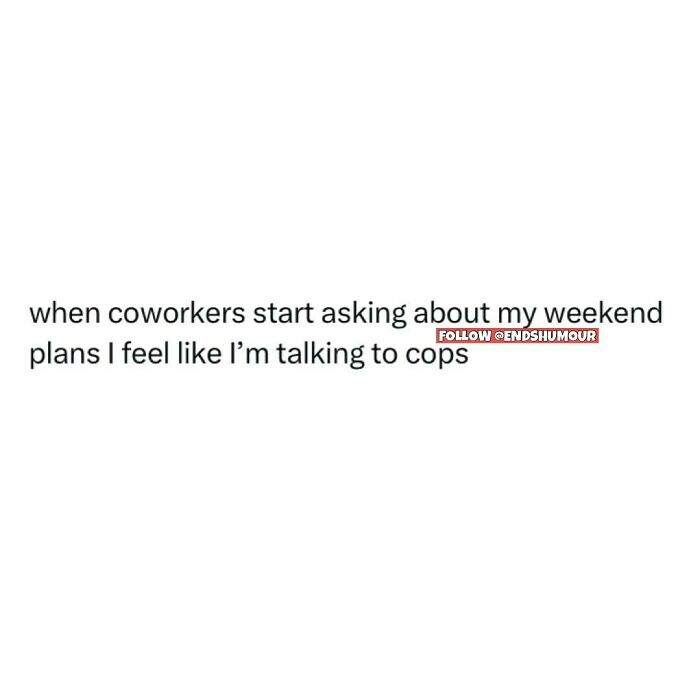 Text screenshot with a humorous adulting quote about feeling like talking to cops when coworkers ask about weekend plans.