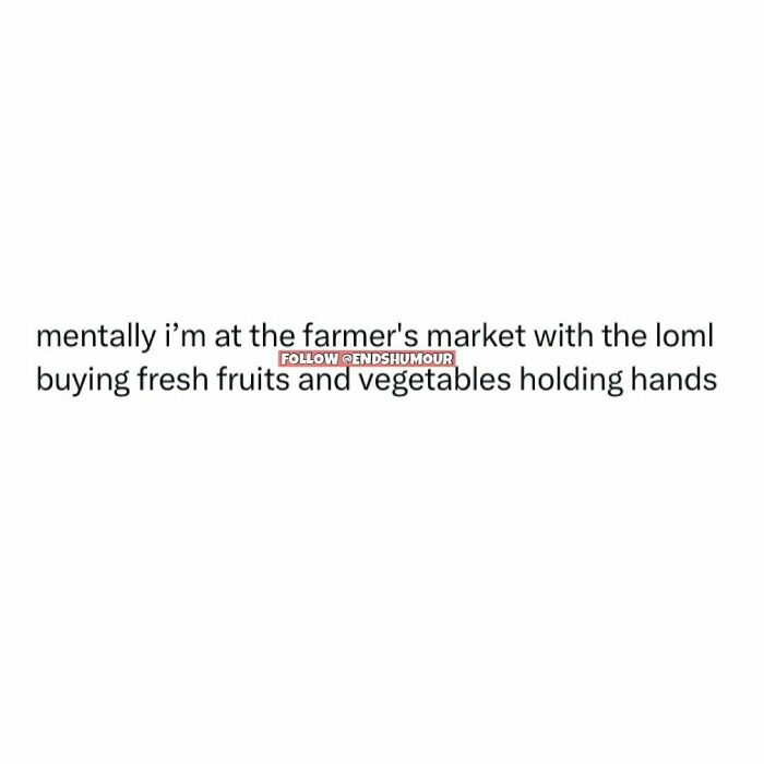 Text screenshot showing a relatable humor about adulting, imagining a peaceful moment at the farmer's market with a loved one.