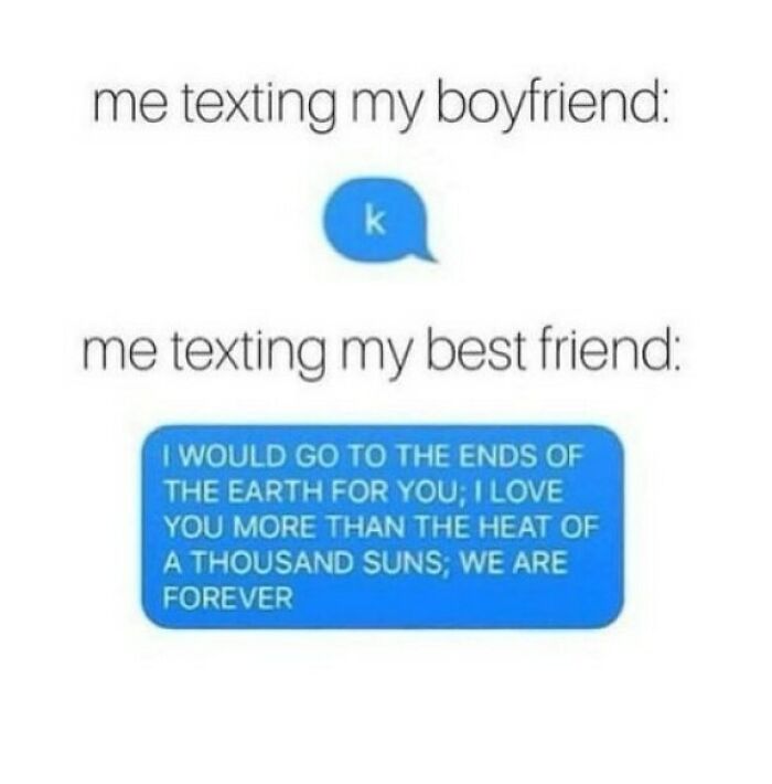 Text meme comparing brief texts to a boyfriend versus long, heartfelt texts to a best friend, random memes theme.