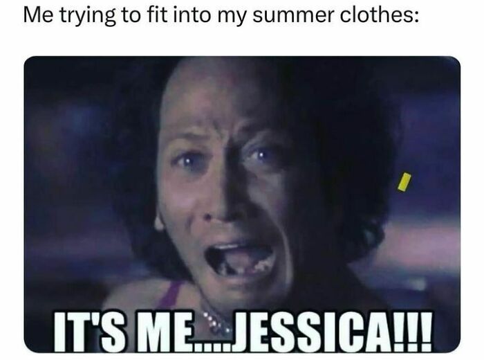 Woman making a distressed face meme about trying to fit into summer clothes, illustrating common relatable experiences.