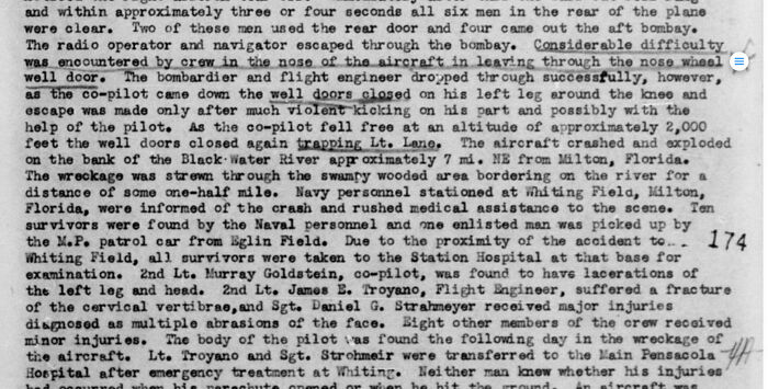 B-29 Superfortress crash report in typed text detailing crew experiences and wreckage location in Florida. B-29 Superfortress crash report in typed text detailing crew experiences and wreckage location in Florida.