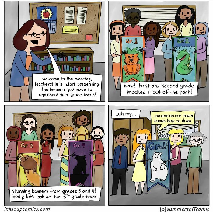 Comic depicting teachers humorously presenting grade level banners, highlighting the struggles and funny moments of teaching.