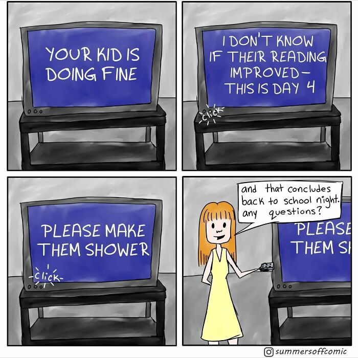 Comic panels showing a teacher humorously presenting the struggles of teaching to parents during back to school night.