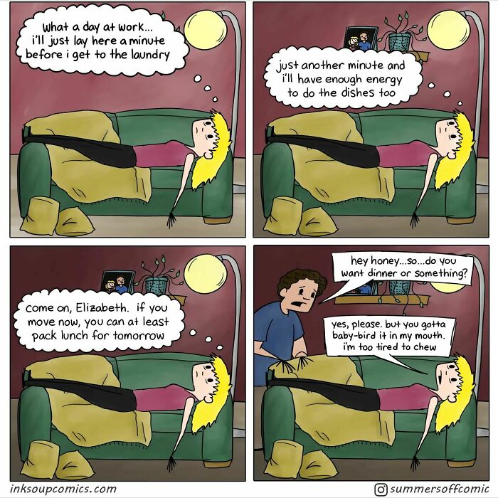 A humorous comic cartoon showing a tired teacher lying on a couch, depicting struggles of teaching life.