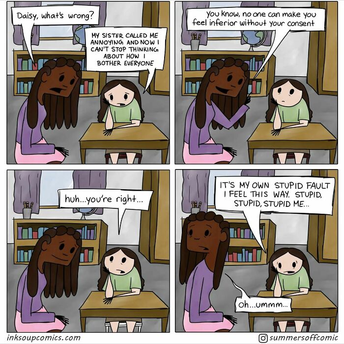 Cartoon teacher and student in classroom sharing a humorous conversation about the struggles of teaching and emotions.