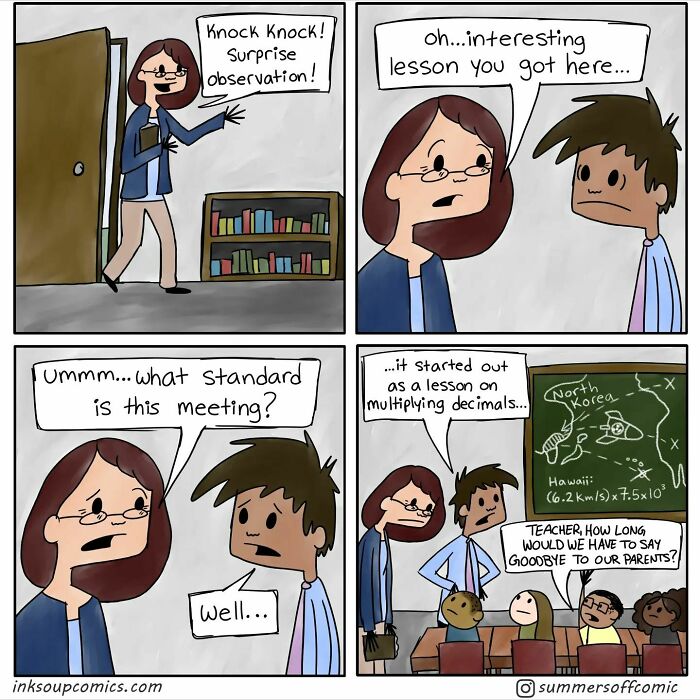 Comic strip humorously depicting the struggles of teaching during an unexpected classroom observation.