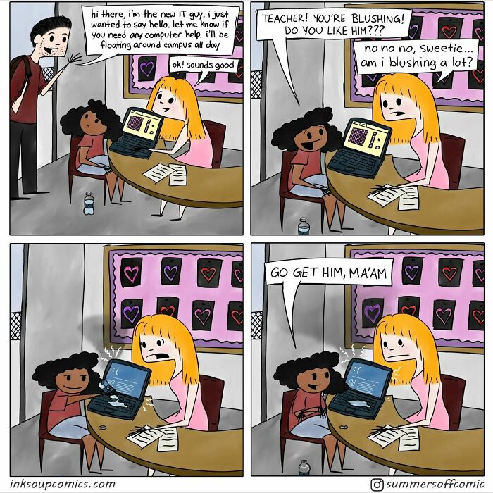 Comic panels showing a humorous teacher and student reacting to the new IT guy offering computer help on campus.
