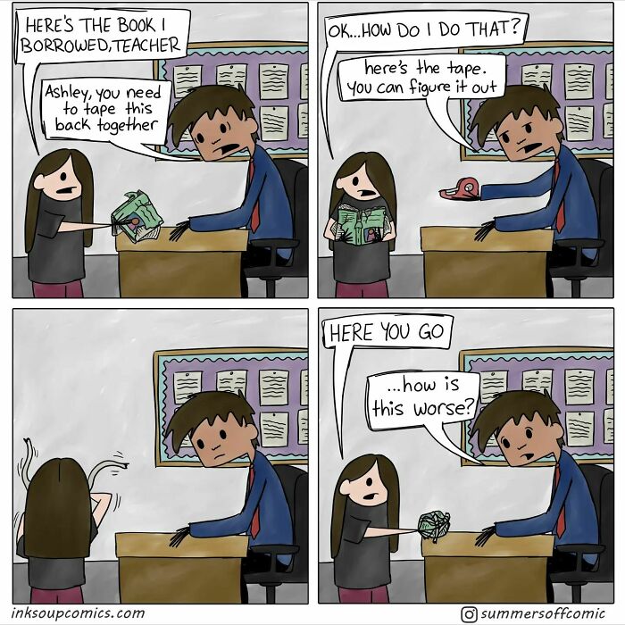 Comic strip showing humorous struggles of teaching as a teacher and student deal with a damaged book repair.