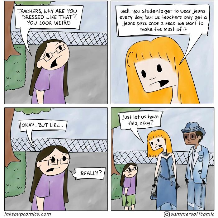 Comic strip humorously depicting the struggles of teaching with teachers wearing dressy outfits for a rare jeans pass.